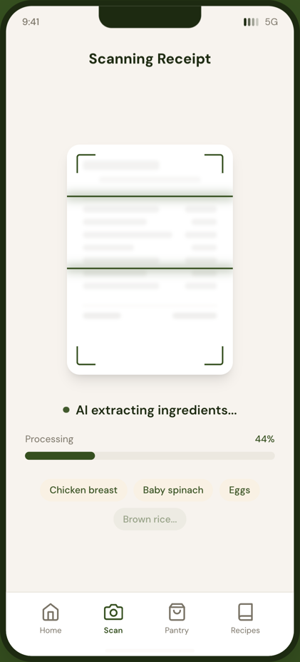 Scanning receipt — AI extracting ingredients